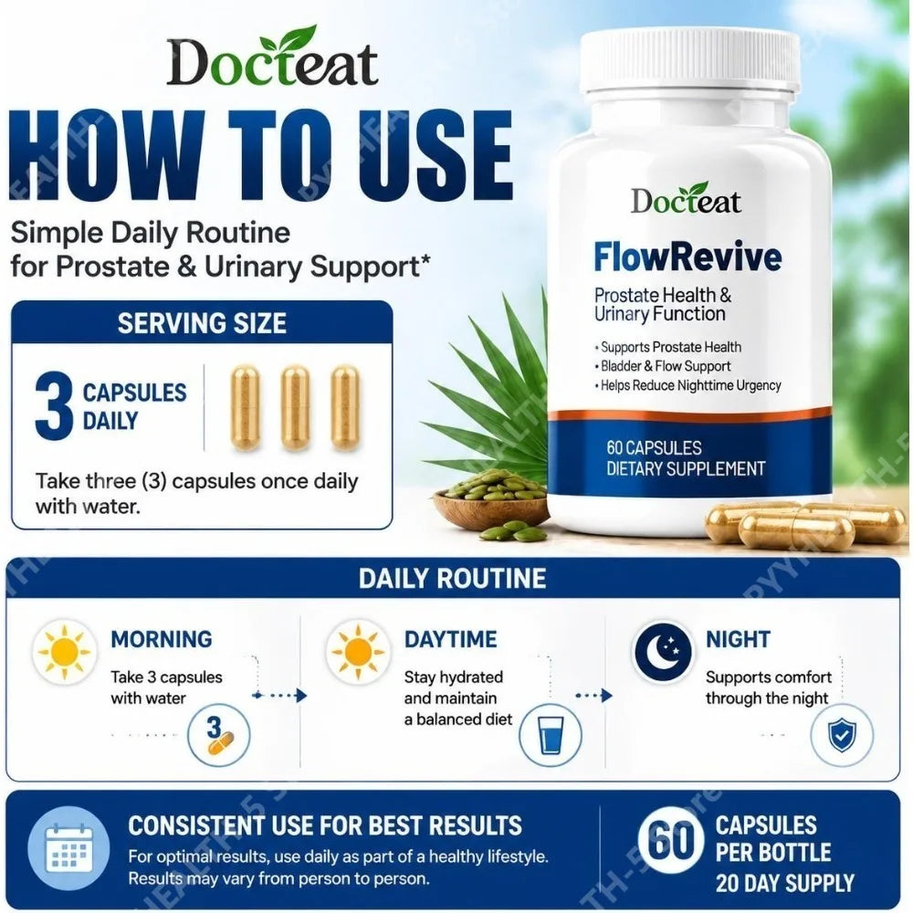 Docteat FlowRevive Prostate Health & Urinary Function Capsules Supports Prostate and Bladder Flow with Quercetin 60 Capsules