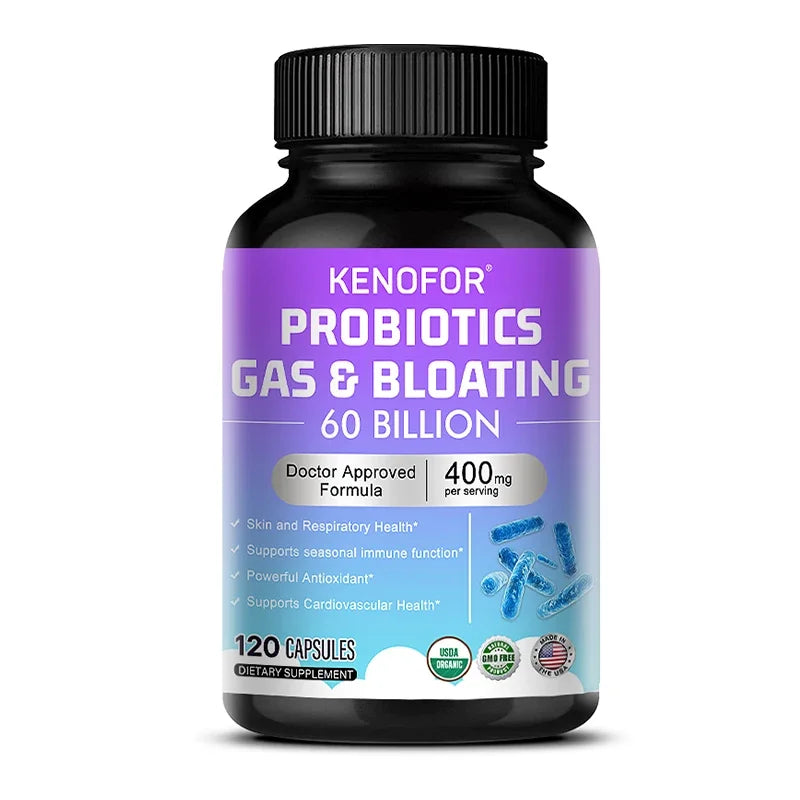 60 Billion CFU Multi-Strain Probiotic Capsules - Prebiotics + Digestive Enzymes, Gut Health & Immune Support, 30/60/120 Counts