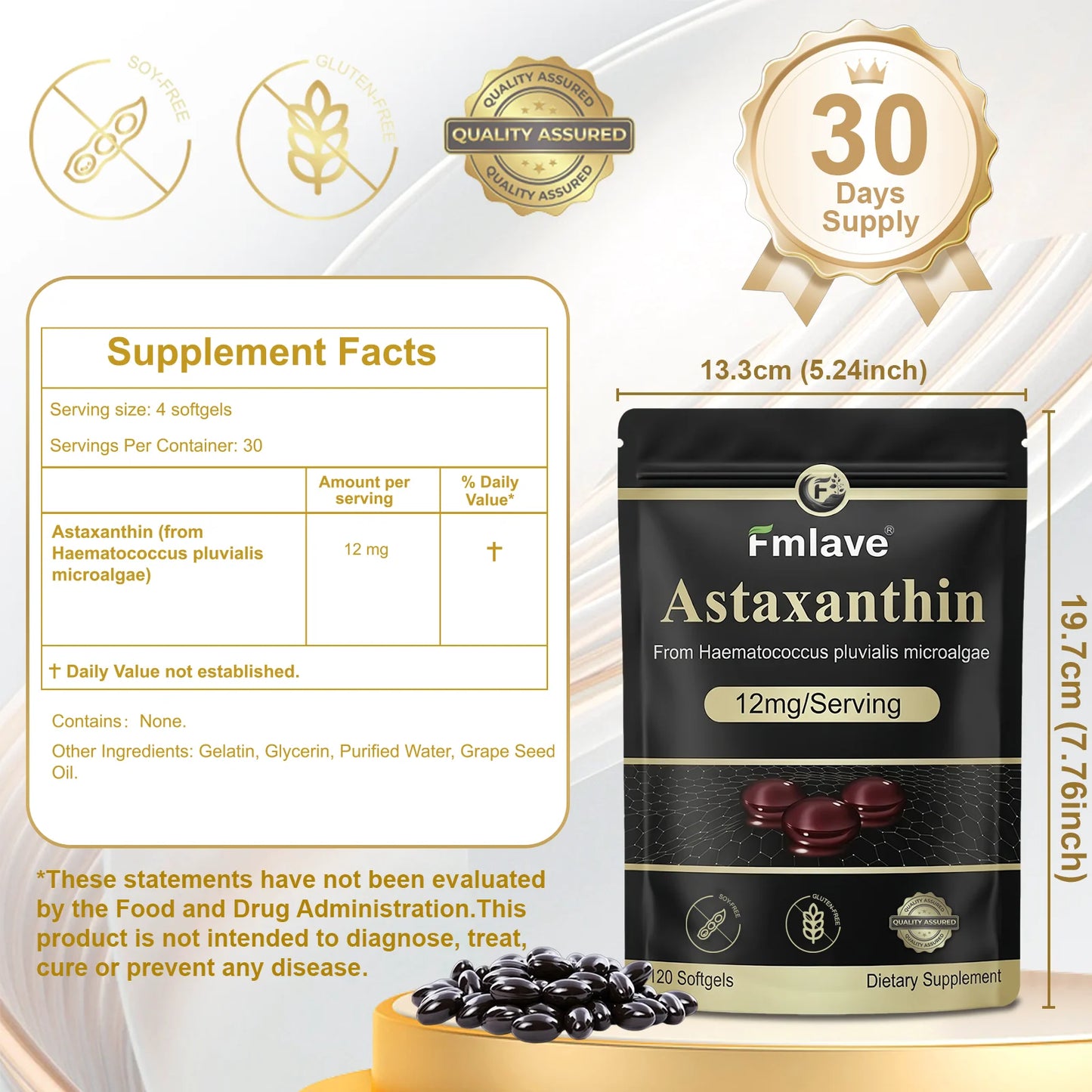 Fmlave Premium Astaxanthin 12mg, Natural Antioxidant Supplement for Eye, Joint, Skin Health,Microalgae Source, 120 Softgels