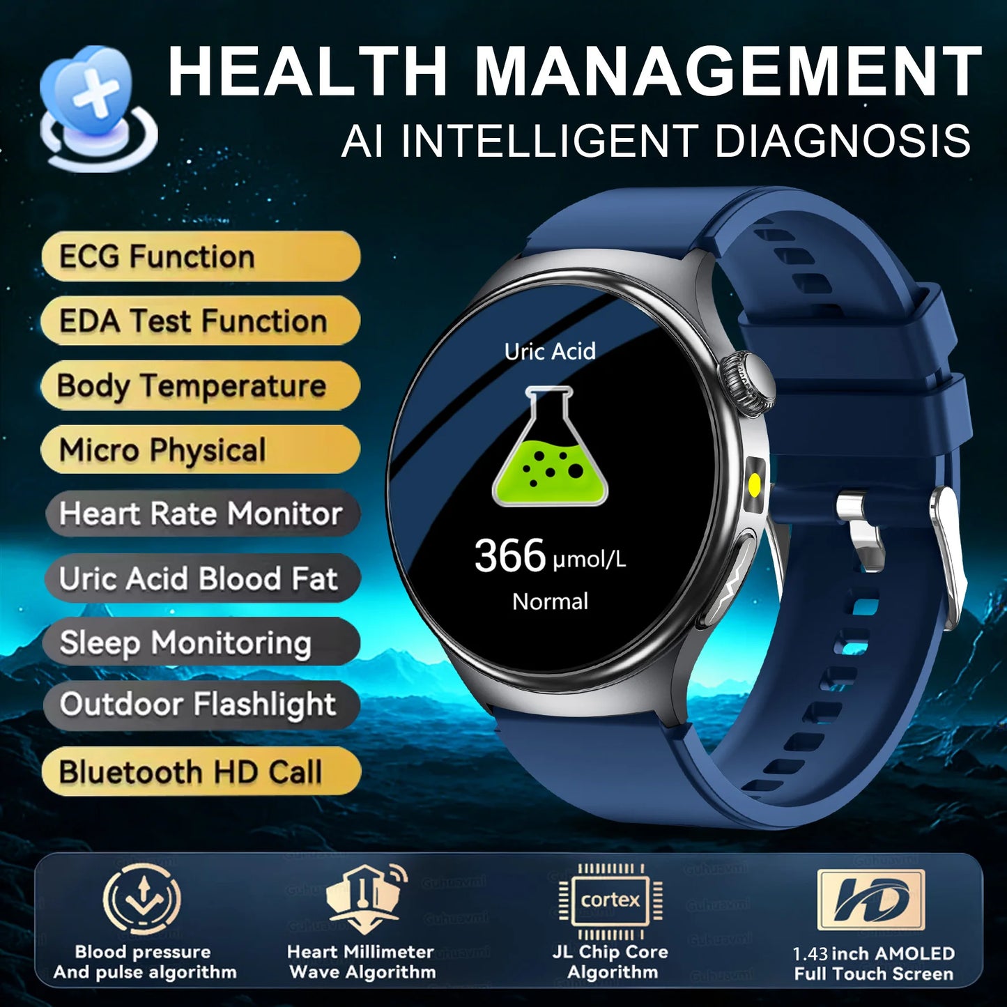 2026New Nursing Grade Health Smartwatches For Men Women Precision Detection Heart Rate Blood Fats Uric Acid ECG+PPG Smart Watch