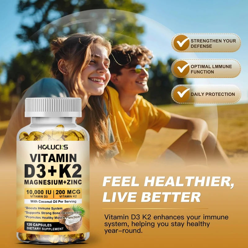Vitamin D3 K2 Magnesium Zinc Complex, with Coconut Oil Support Nerve, Muscle, Heart, Bone and Dental Health, for Immune System