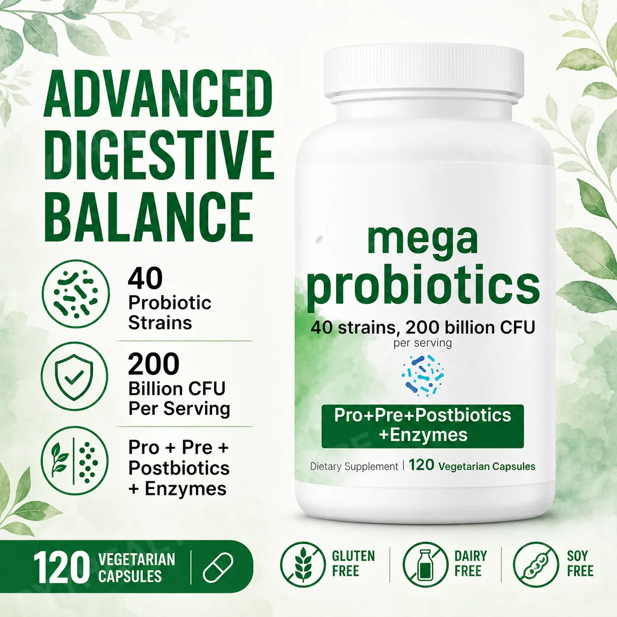 Probiotics Capsules 200 Billion CFU 40 Strains Prebiotics Digestive Enzymes Gut Health Supplement 120 Veg Capsules Men Women