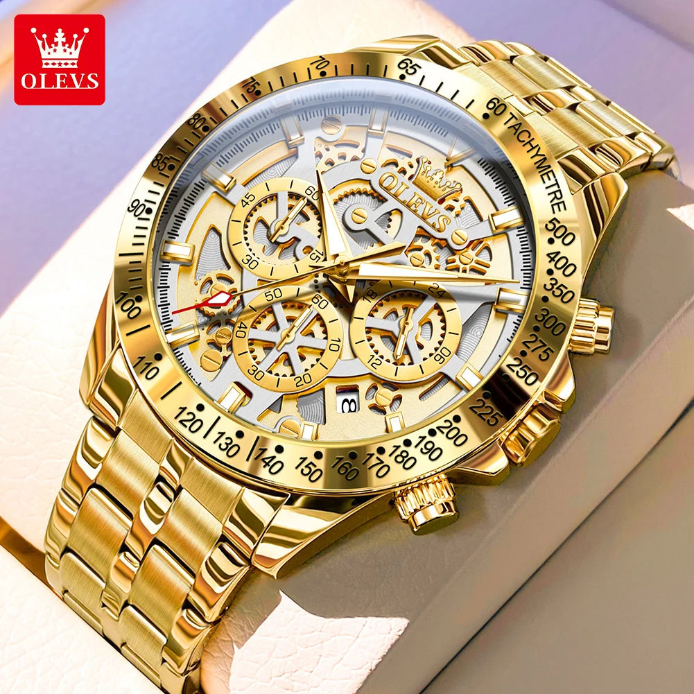 OLEVS Luxury Skeleton Chronograph Stainless Steel Watch