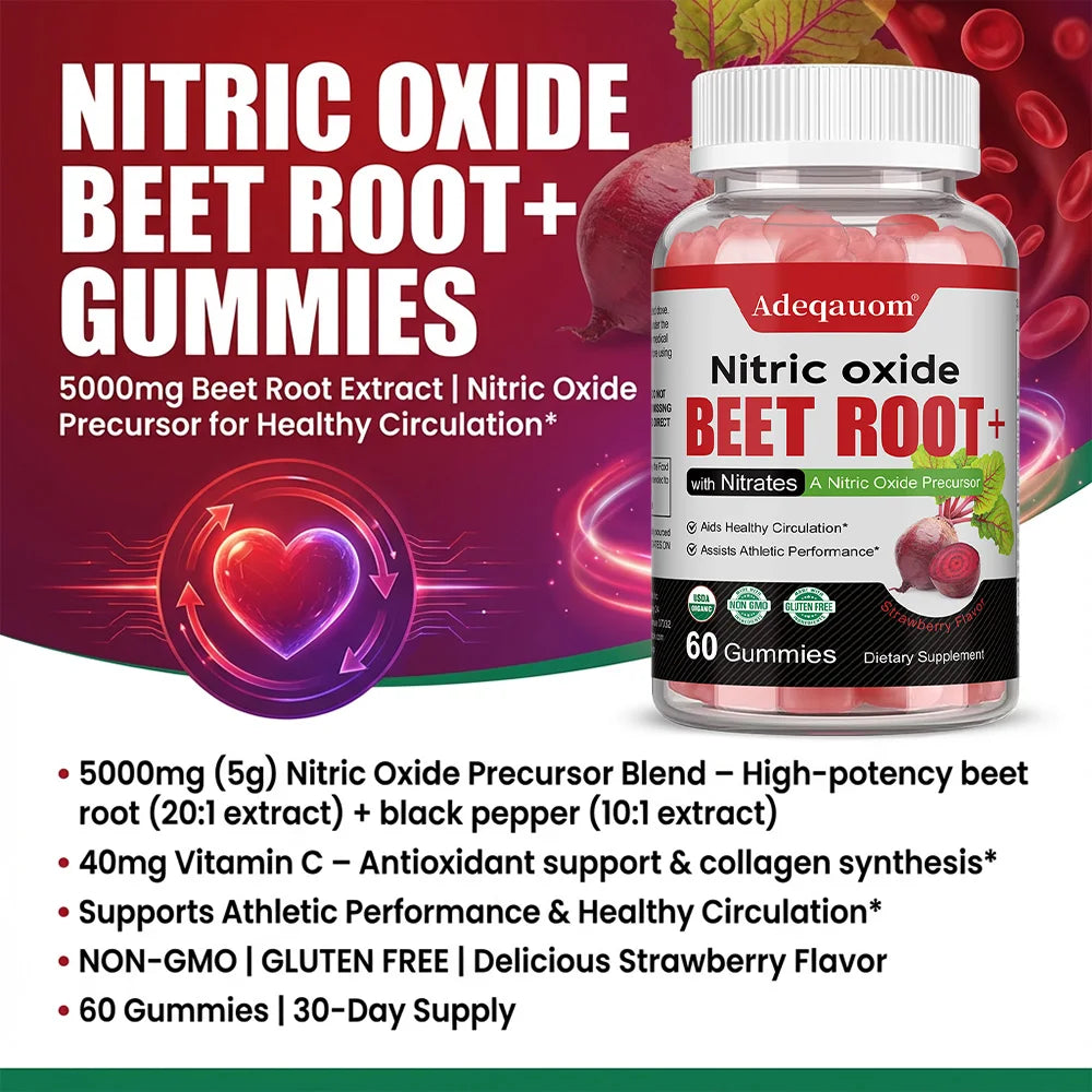Nitric Oxide Beetroot Gummies, Organic Beetroot Extract, Blood Circulation Heart Health Blood Pressure Support, Natural Flavor