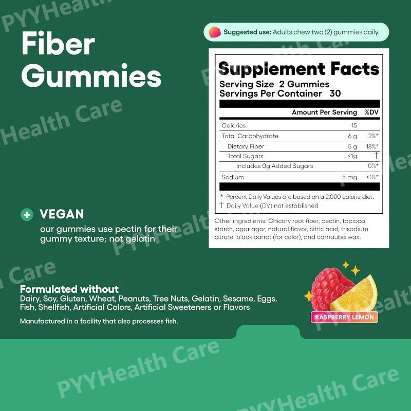 Fiber Gummies for Digestive Health and Regularity - Raspberry Lemon Flavor  Natural Chicory Root Prebiotic Fiber - Daily Gummy