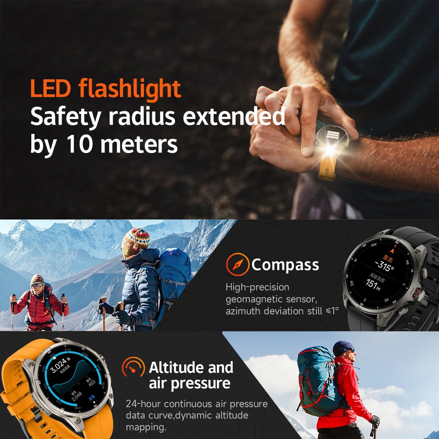 New Smart Watch GPS Sports Compass Altitude Air Pressure Blue Tooth Call 3ATM Waterproof Health AMOLED Screen Smartwatch 660 mAh