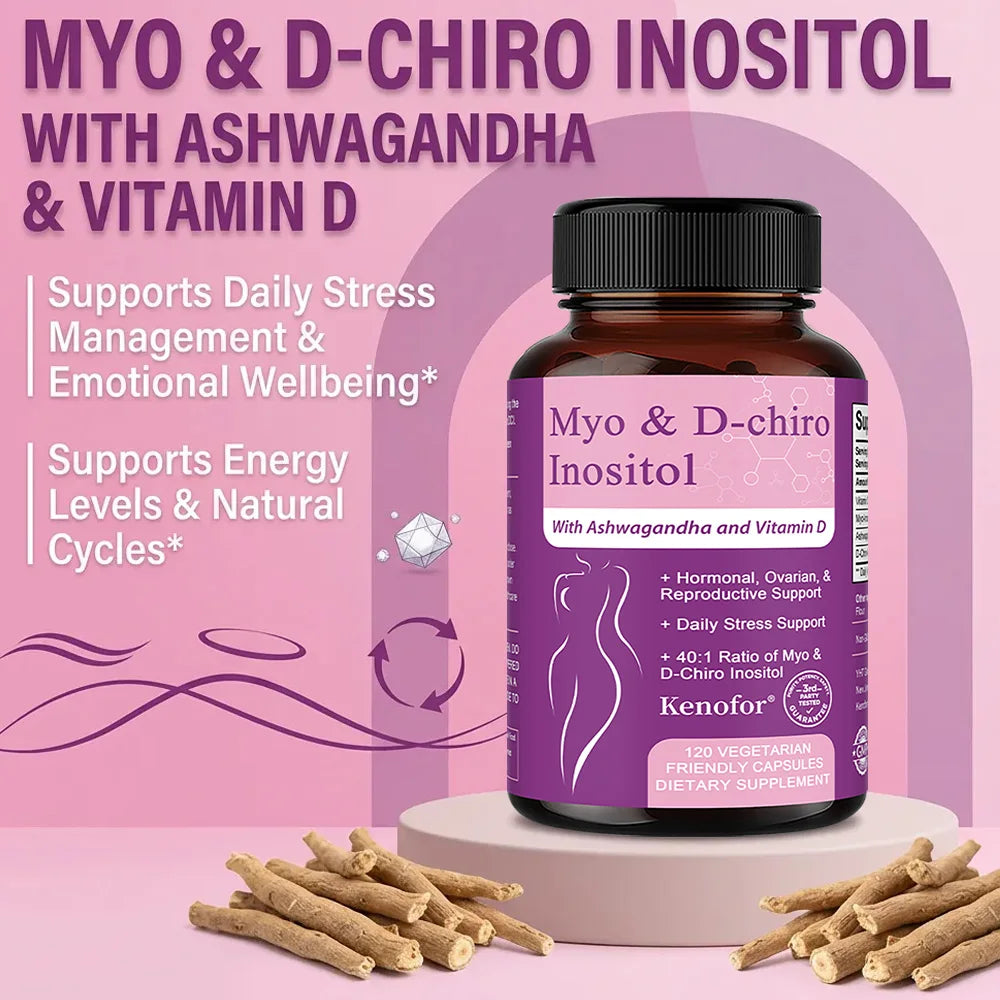 Inositol & Ashwagandha Capsules, Myo-Inositol with Vitamin D3, Ovarian & Hormone Balance, Nerve Health & Blood Sugar Support