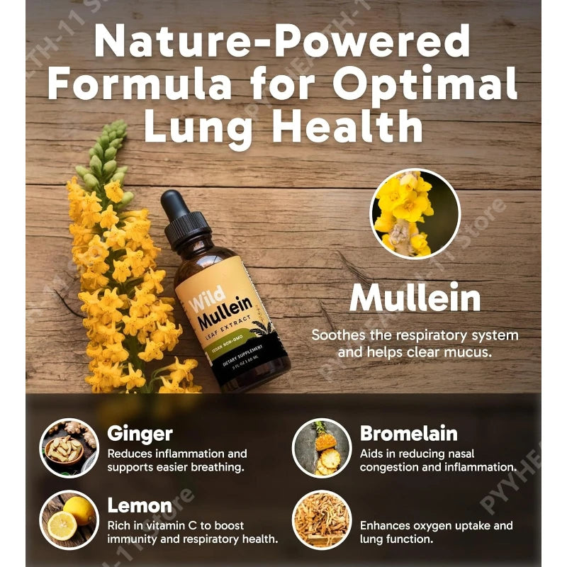 Mullein Drops with Ginger & Lemon for Lung Cleanse and Detox Mullein Leaf Extract for Respiratory Lung Health Detox 60ml