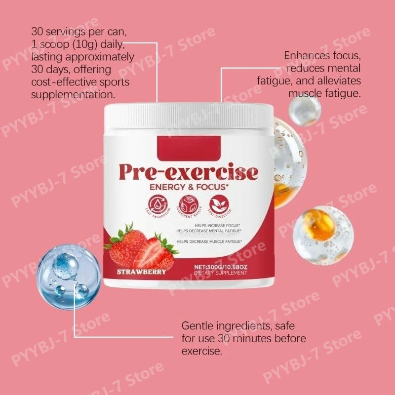 Pre-Workout Powder Energy and Focus Support Support Muscle Recovery Strawberry Flavor Daily Health Care 300g