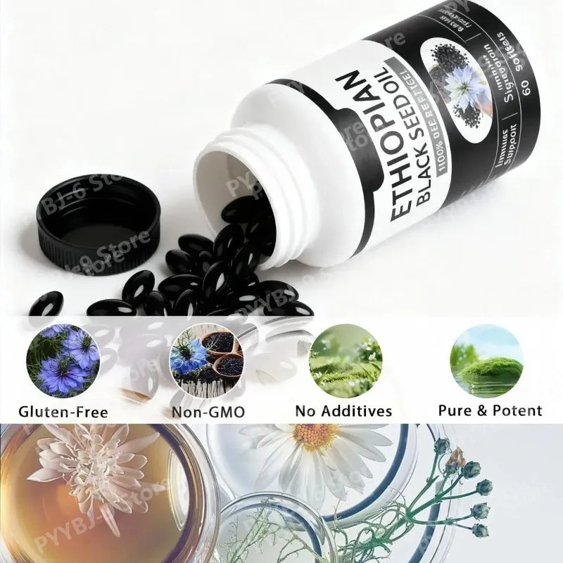 Ethiopian Black Seed Oil Softgels 60 Count 100% Natural Gluten Free Non GMO Antioxidant Immune Digestive Daily Health Supplement