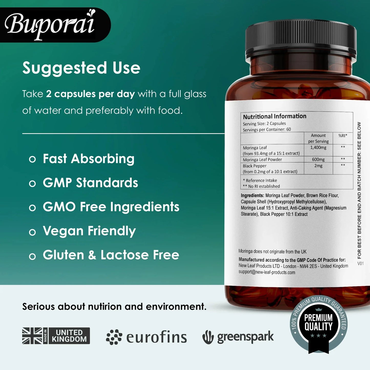 Moringa Leaf Capsules - Supports Digestive and Intestinal Health, Antioxidants, Nourishes Skin, Improves Energy Levels