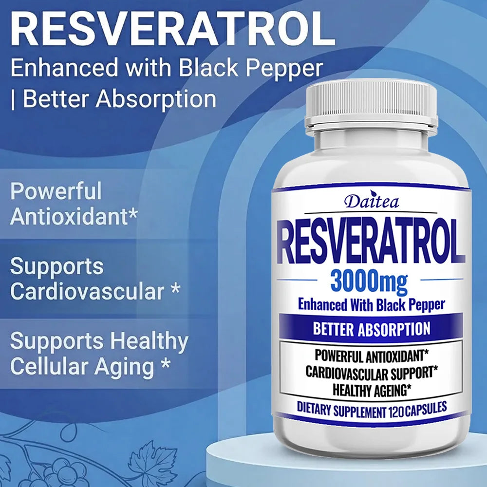Resveratrol 3000mg Capsules, Maximum Strength Antioxidant, Supports Heart, Brain, Immune, Joint Health & Anti-Aging, Gluten-Free