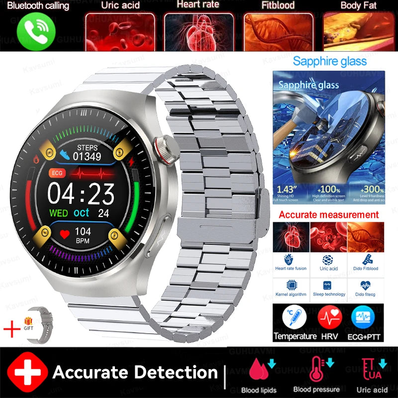 2025 New GUHUAVMI Accurate Blood Lipid Uric Acid Smart Watch Men Women ECG+PPG Blood pressure Bluetooth call Health Smartwatches