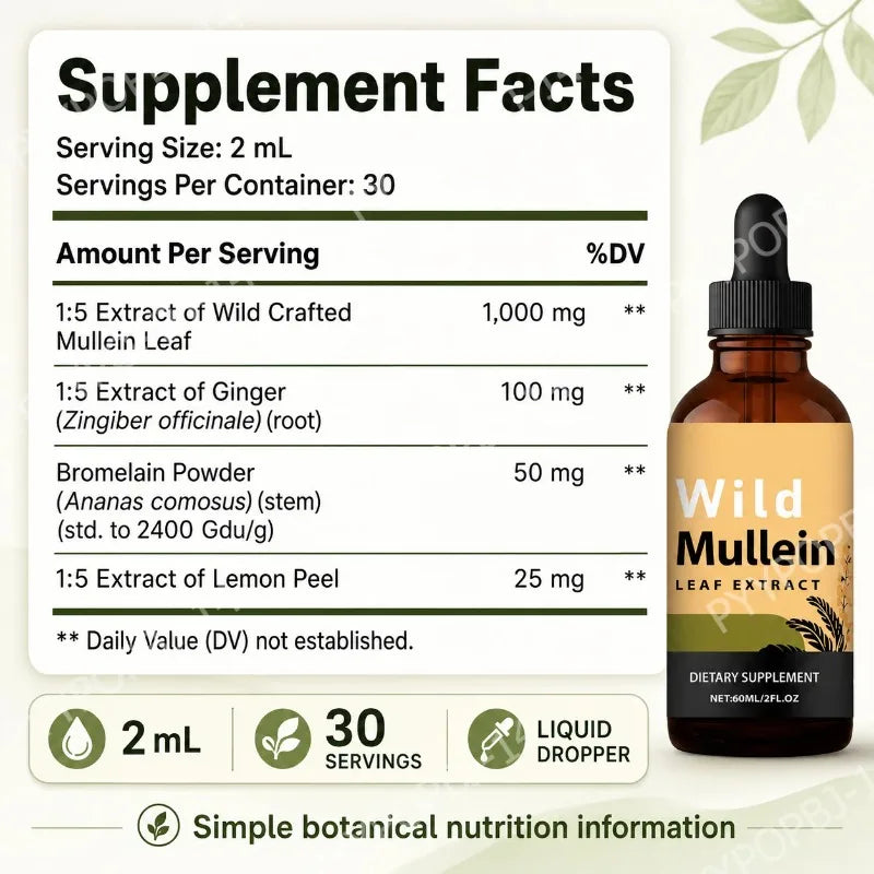 Mullein Drops Respiratory Lung Health Detox with Ginger & Lemon Extract for Smokers - Natural Lung Cleanse Mullein Leaf 60ml
