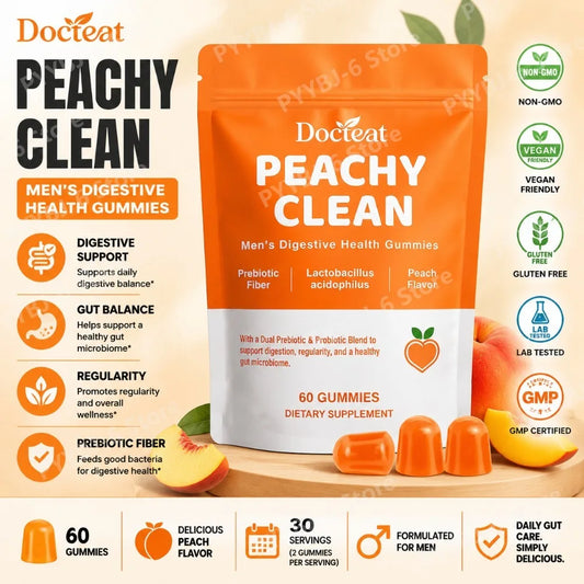 Docteat Peachy Clean Men's Digestive Health Gummies Prebiotic & Probiotic Blend Peach Flavor 60 Gummies Dietary Supplement