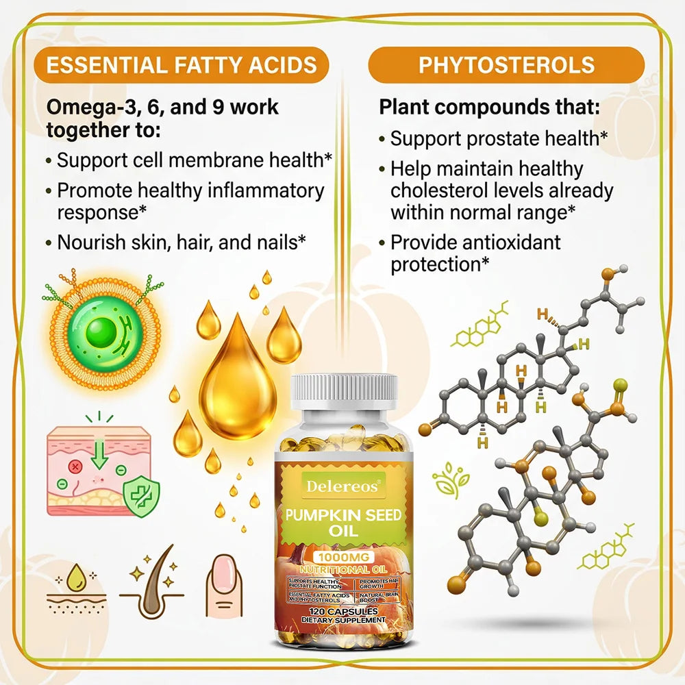 Pumpkin Seed Oil Capsules 1000mg, Supports Prostate, Urinary, Bladder & Hair Health for Men, Cardiovascular Health, Non-GMO
