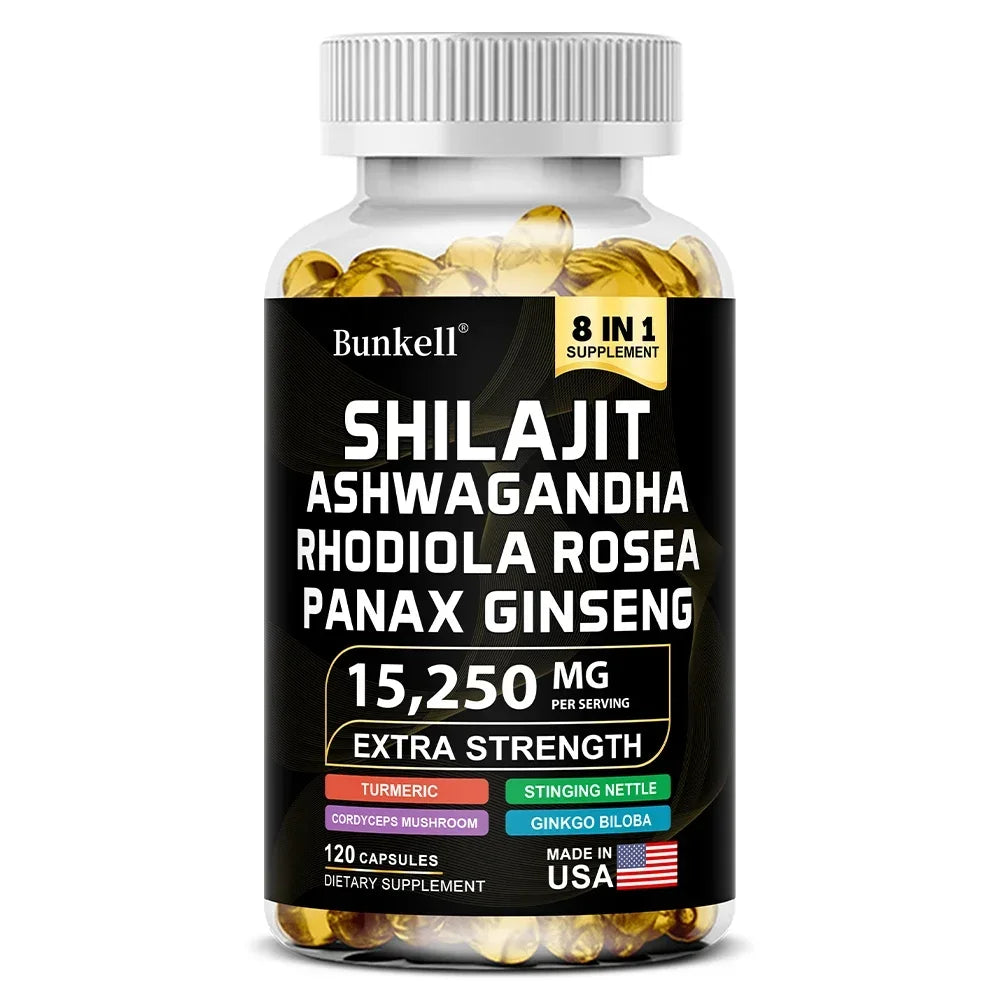 15250mg Shilajit Capsules 8-in-1 with Ashwagandha Ginseng Rhodiola Turmeric - Energy Brain Muscle Joint Health Immune Support